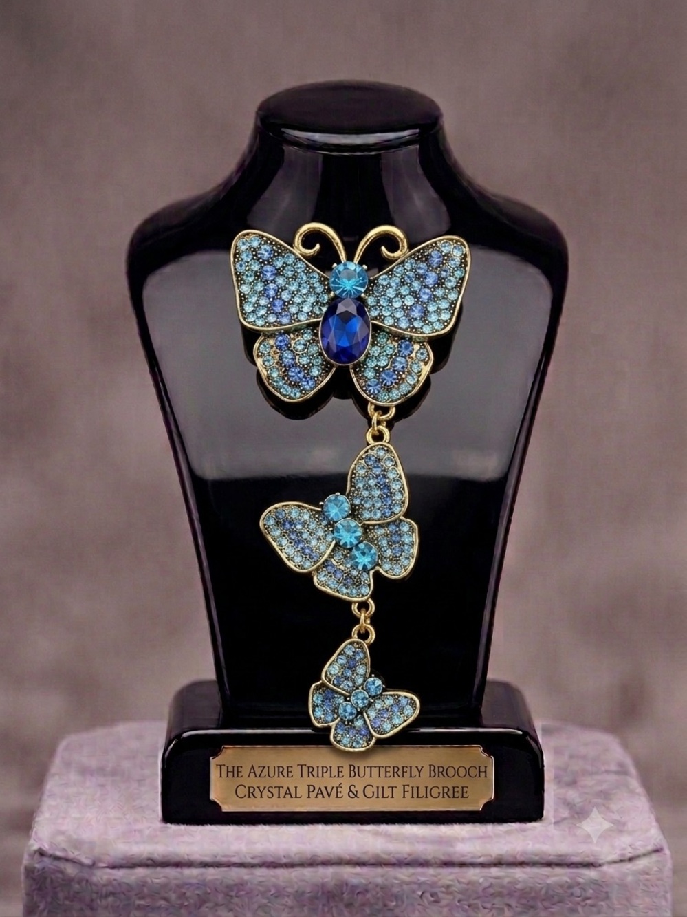 Triple Butterfly Blue Crystal Brooch - Unbranded